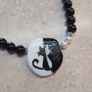 Cat black and white lampwork bead necklace 26" long